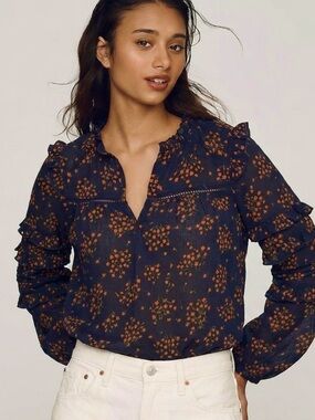 Ann Taylor Ditsy Floral Peasant Blouse Petite XXS Sheer Ruffle Drawstring Neck